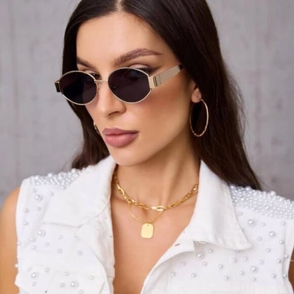 Set of 2 Oval Gold Frame Sunglasses - Picture 1 of 8